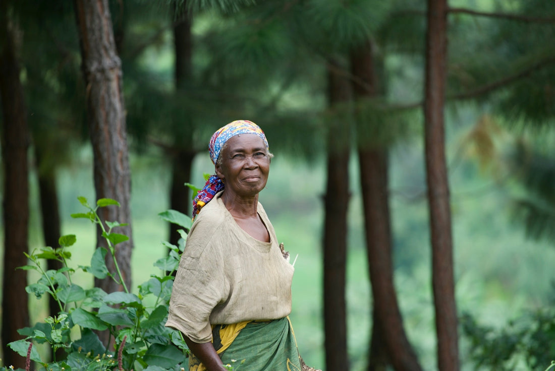 Elderly woman smiling in a forest