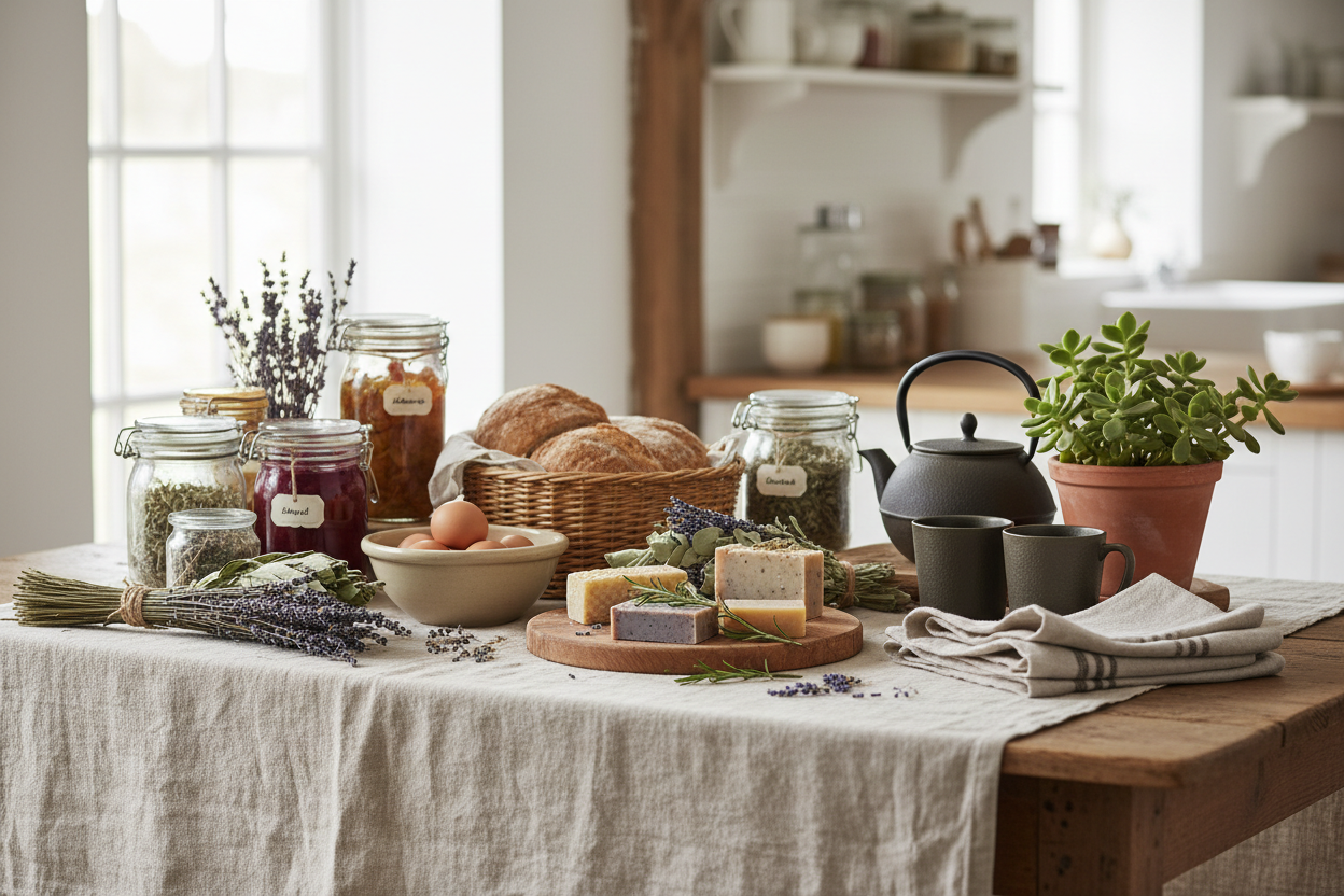 A rustic farmhouse table with handmade homesteading products including mason jars, fresh herbs, and natural linen — made by small family homesteads