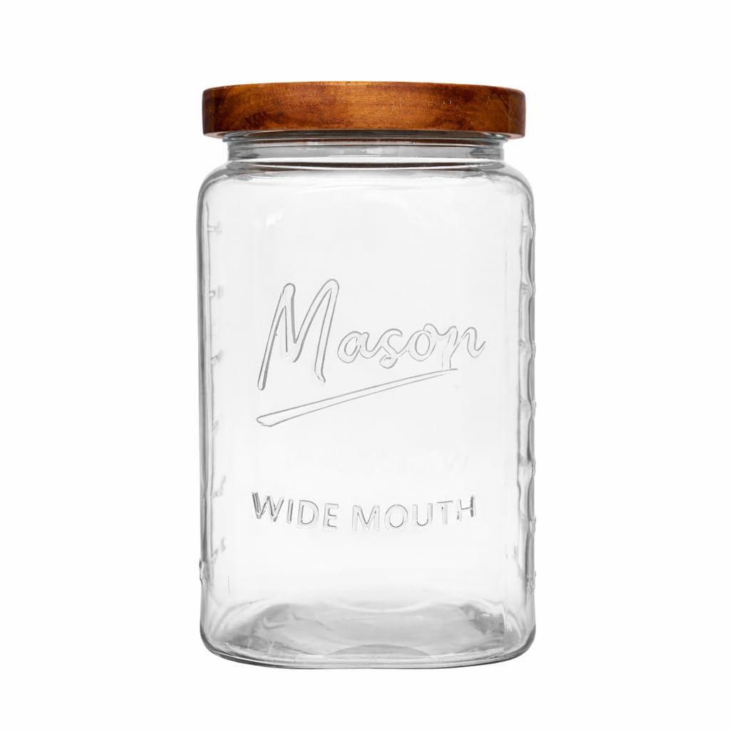 1 Gallon Glass Jars with Wooden Lids - Extra Large Mason Jars Wide Mouth with Airtight Wood Lids - Square Glass Storage Containers with Measurement Markings for Flour, Sugar & Pickling, 2 Pack