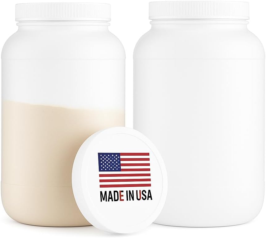 1 Gallon Protein Powder Container with Airtight Lid - Plastic Large Wide Mouth Jar - Pack of 2 - Made in USA