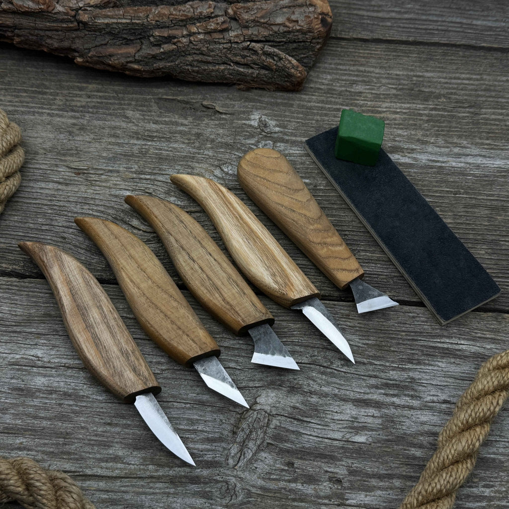 5-Piece Wood Carving Knife Set with Sharpening Board & Leather Case