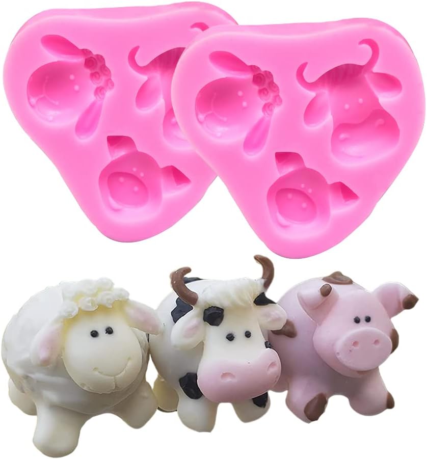 Cestony Cute Lovely Farm Animals Head Cow Sheep Pig Present Silicone Molds for DIY Cake Fondant Biscuit Cookies Soap Sugar Pudding Chocolate Hard Candies Dessert Candle Decor