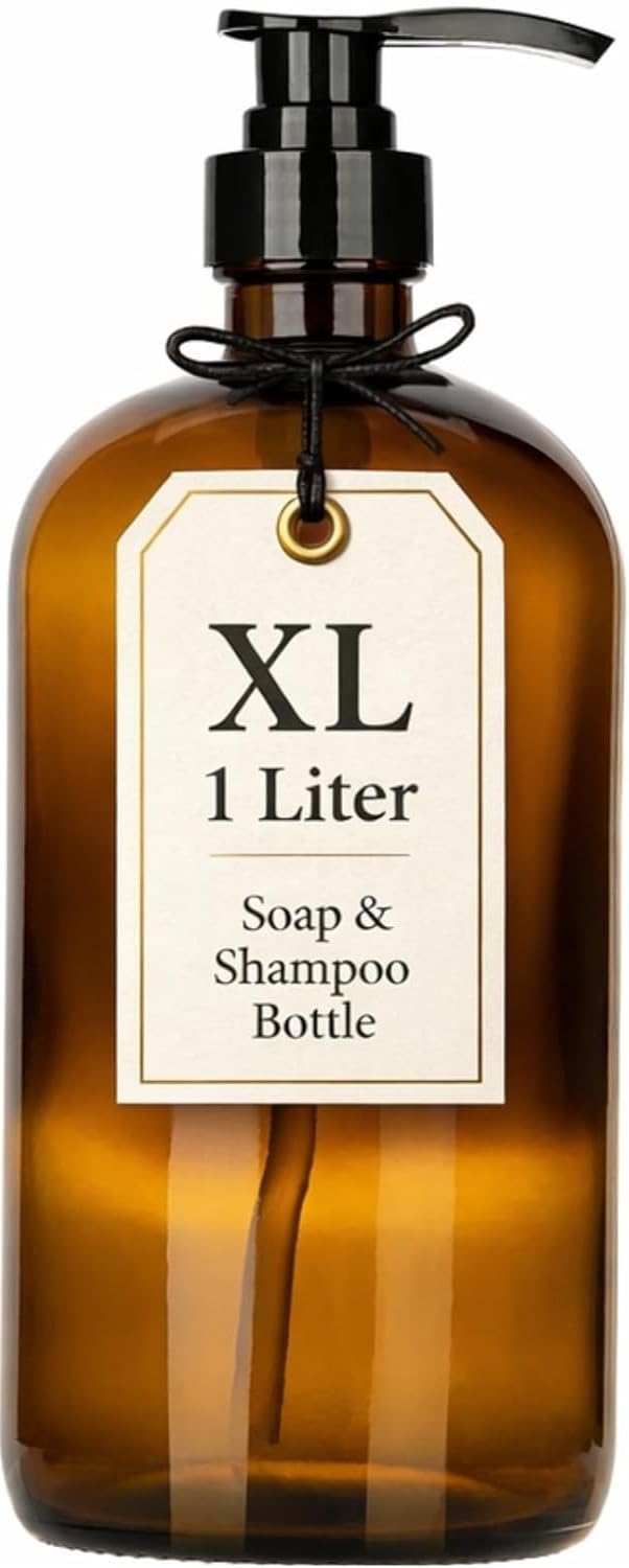32-Ounce Pump Bottles, Large Clear Glass Boston Round Bottles w/Black Pumps. Great for Lotions, Laundry Soap Detergent, Oils, Sauces - Food Safe and Medical Grade - by kitchentoolz (Pack of 2)