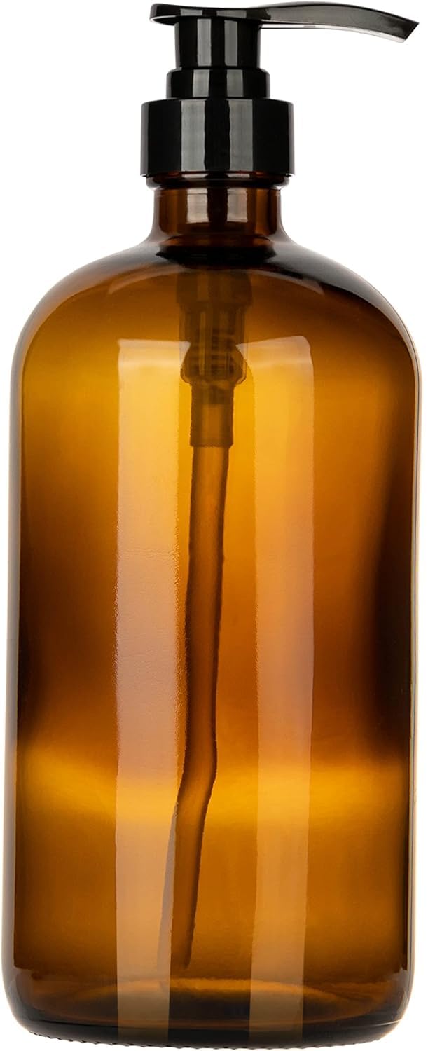 32-Ounce Pump Bottles, Large Clear Glass Boston Round Bottles w/Black Pumps. Great for Lotions, Laundry Soap Detergent, Oils, Sauces - Food Safe and Medical Grade - by kitchentoolz (Pack of 2)