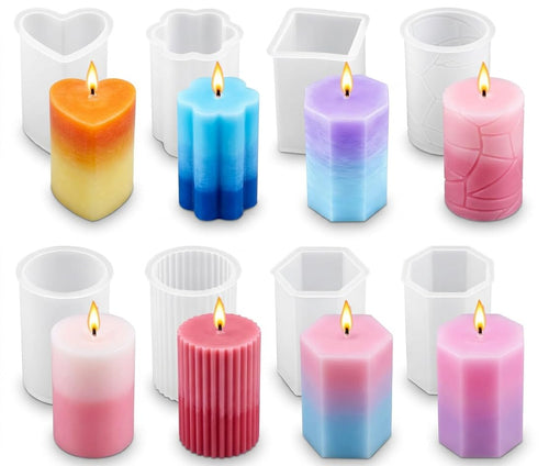 8 Piece Silicone Candle Molds, 2mm Thickened Reinforced Design, Tear-Resistant Molds for Pillar and Votive Shapes, Easy Release, Includes Cylinder, Hexagon, Heart, Moldes para Velas (8)
