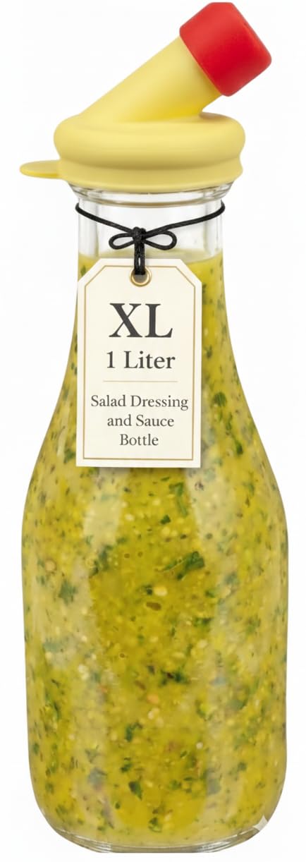 kitchentoolz 32oz Salad Dressing Shaker Bottle – Tall Glass Bottle Salad Dressing Dispenser Container with Tamper-Proof Lid – Ideal for Marinades and Sauces – 1 Pack