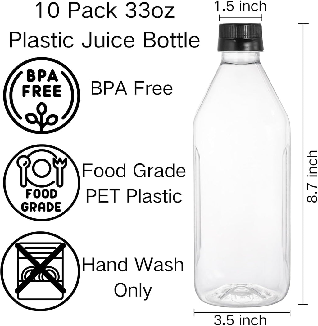 Coloch 10 Pack 33 Oz Plastic Juice Bottles with Black Caps, 1L Empty Clear Soda Bottle Reusable Drink Container Plastic Milk Bottle for Water, Juice, Beverage, Cold Drinks, Picnic, Home Use