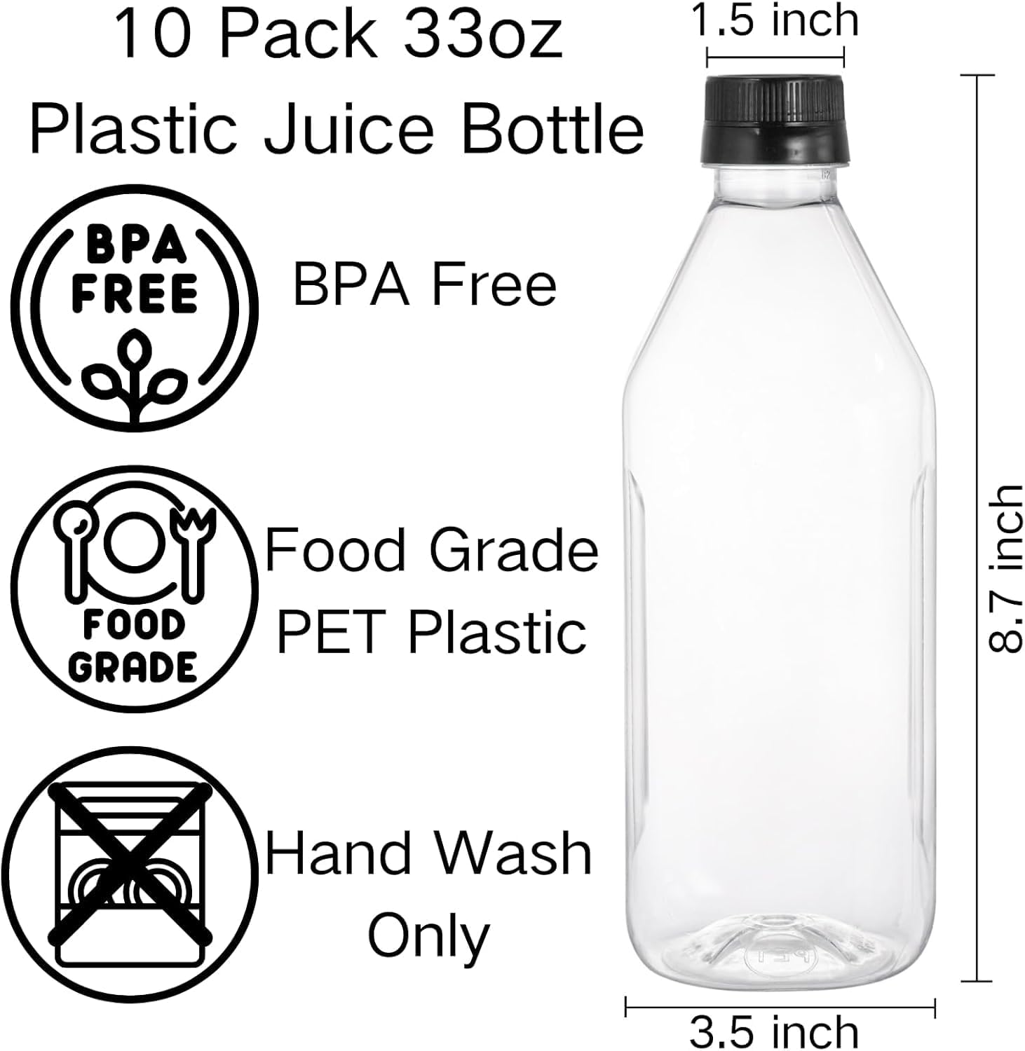Coloch 10 Pack 33 Oz Plastic Juice Bottles with Black Caps, 1L Empty Clear Soda Bottle Reusable Drink Container Plastic Milk Bottle for Water, Juice, Beverage, Cold Drinks, Picnic, Home Use