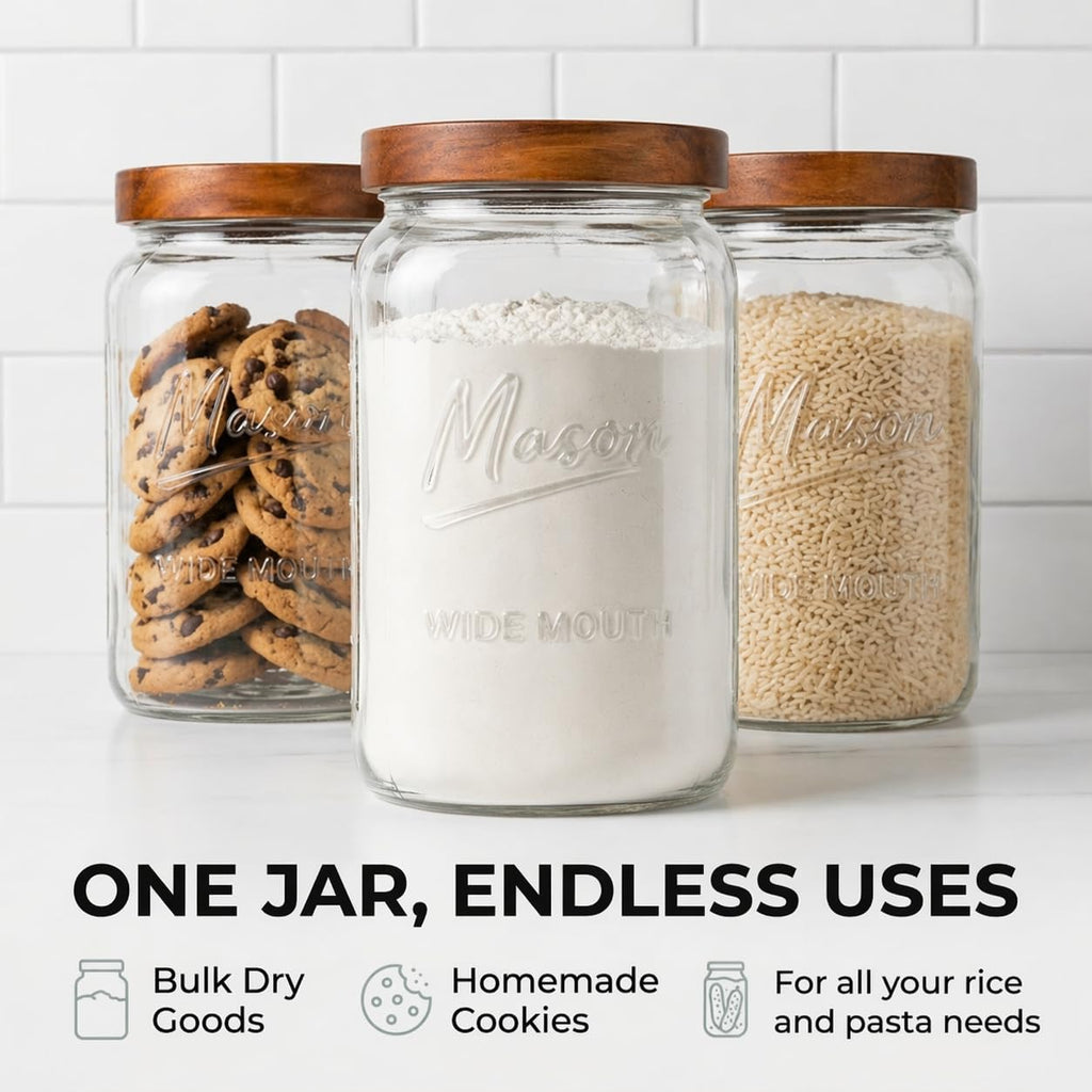 1 Gallon Glass Jars with Wooden Lids - Extra Large Mason Jars Wide Mouth with Airtight Wood Lids - Square Glass Storage Containers with Measurement Markings for Flour, Sugar & Pickling, 2 Pack