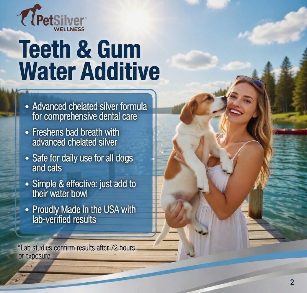 PetSilver Teeth & Gum Water Additive for Dental Care - Pet Breath Freshener - Targets Tartar, Plaque & Promotes Fresh Breath - Dog Oral Care & Cat Teeth Cleaning - No Brushing & Tasteless - 12 fl oz