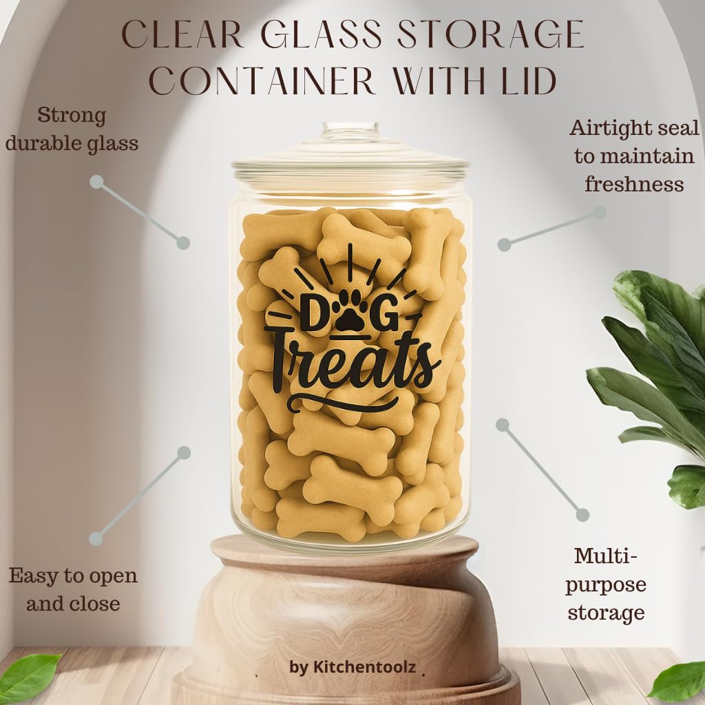 kitchentoolz 1-Gallon Glass Dog Treat Container Airtight – Large Countertop Dog Cookie Jar with Lid for Dog Treat Storage, Decorative Treat Jar & Dachshund Accessories