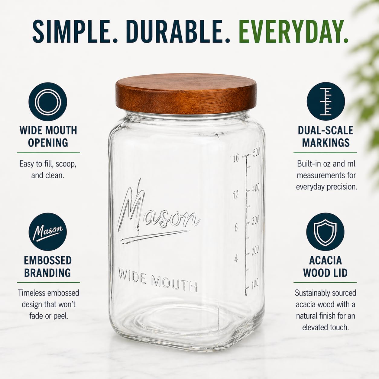 1 Gallon Glass Jars with Wooden Lids - Extra Large Mason Jars Wide Mouth with Airtight Wood Lids - Square Glass Storage Containers with Measurement Markings for Flour, Sugar & Pickling, 2 Pack