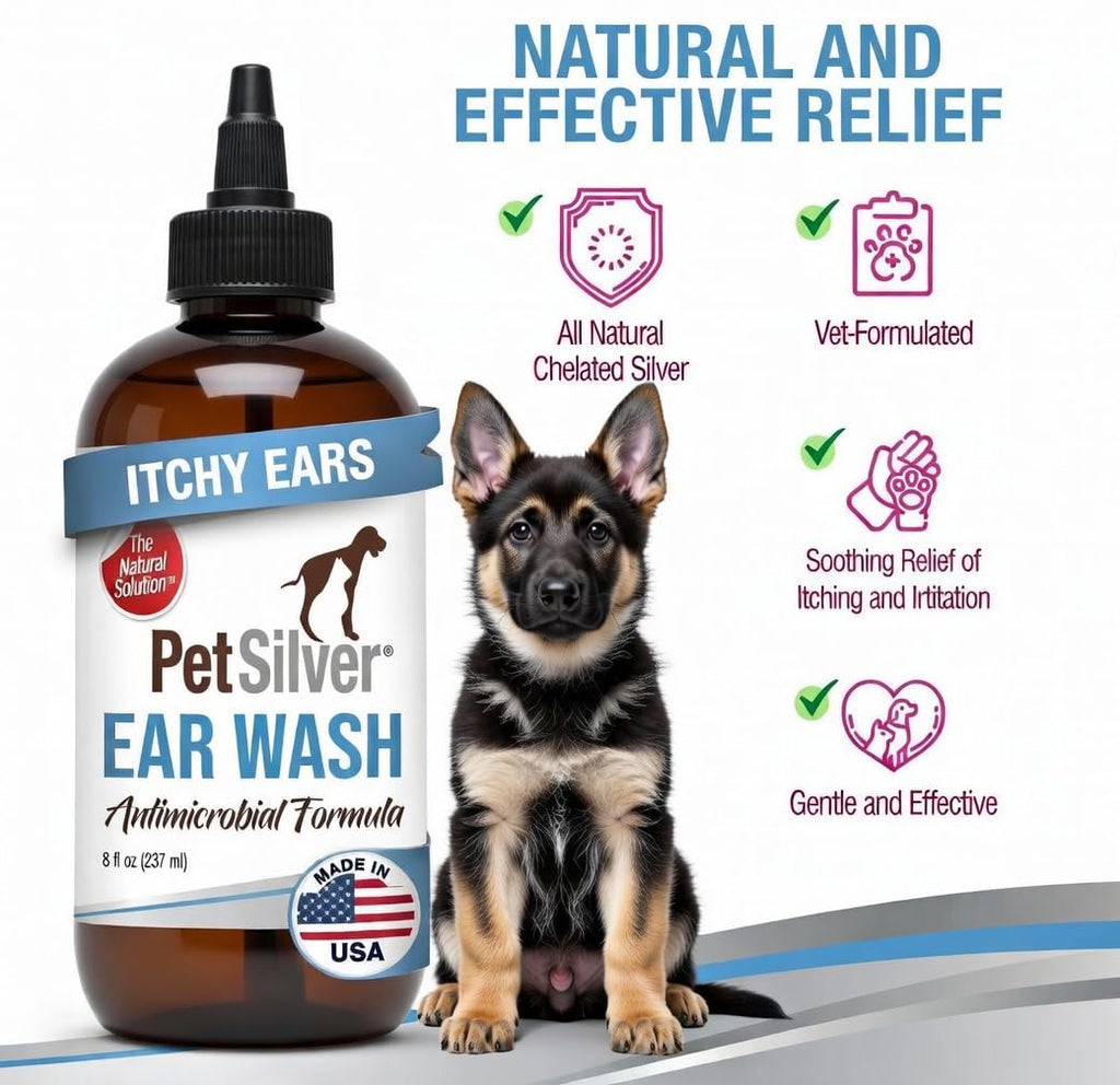 PetSilver Dog Ear Cleaner Solution – Gentle Ear Wash for Dogs and Cats with Chelated Silver – Otic Rinse Formula Targets Wax Buildup, Smelly Odor, and Itchy or Irritated Areas - Made in USA - 8 fl oz