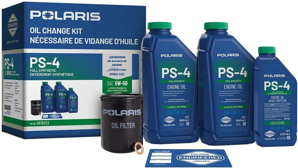 Polaris PS4 Oil Change Kit for Specific RANGER, GENERAL, RZR, ACE 900 XC Models With 4 Stroke Engine, Includes 2.5 Quarts PS-4 5W-50 Full Synthetic Oil, 1 Oil Filter, Genuine OEM - Part 2879323