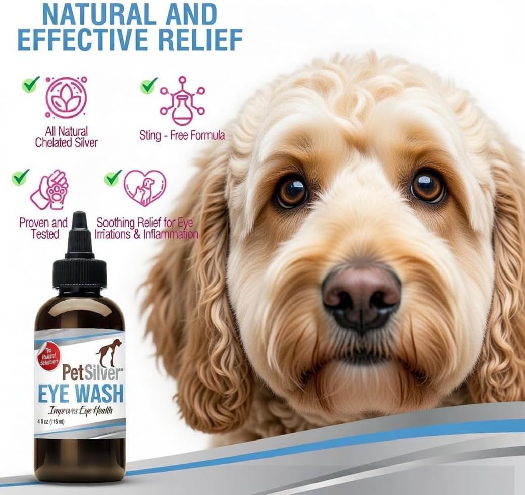 PetSilver Eye Drops for Dogs and Cats - Natural Dog Eye Wash - Relief for Inflammation & Irritation - Pet Eye Cleaner and Tear Stain Remover - Patented Silver Formula - Made in the USA - 4 fl oz