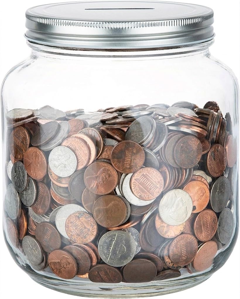 Half Gallon Glass Coin Bank Piggy Bank with Slotted Lid – Holds Over $1,450 in Coins – Tip Jar, Donation Collector, Raffle Ticket Holder – Made in USA