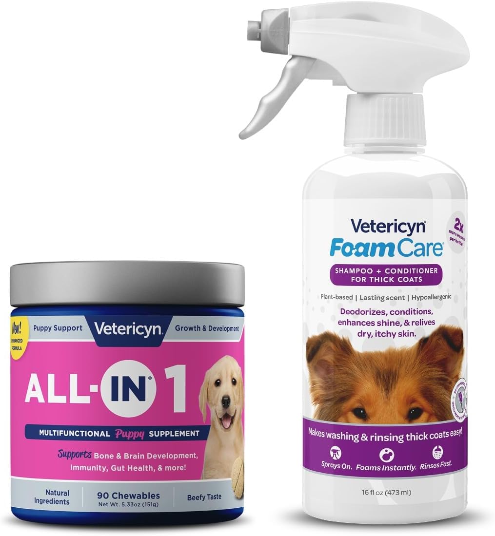 Vetericyn All-in 1 Multifunctional Puppy Supplement and FoamCare Spray-On Thick Coat Puppy Shampoo and Conditioner