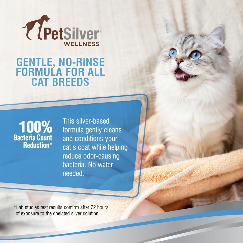 PetSilver Waterless Cat Shampoo - No Rinse Bath & Dry Shampoo for Cats - Long-Haired & Sensitive Skin - Cleans, Conditions & Moisturizes - Hypoallergenic & Fragrance-Free - Patented Formula - 5 fl oz