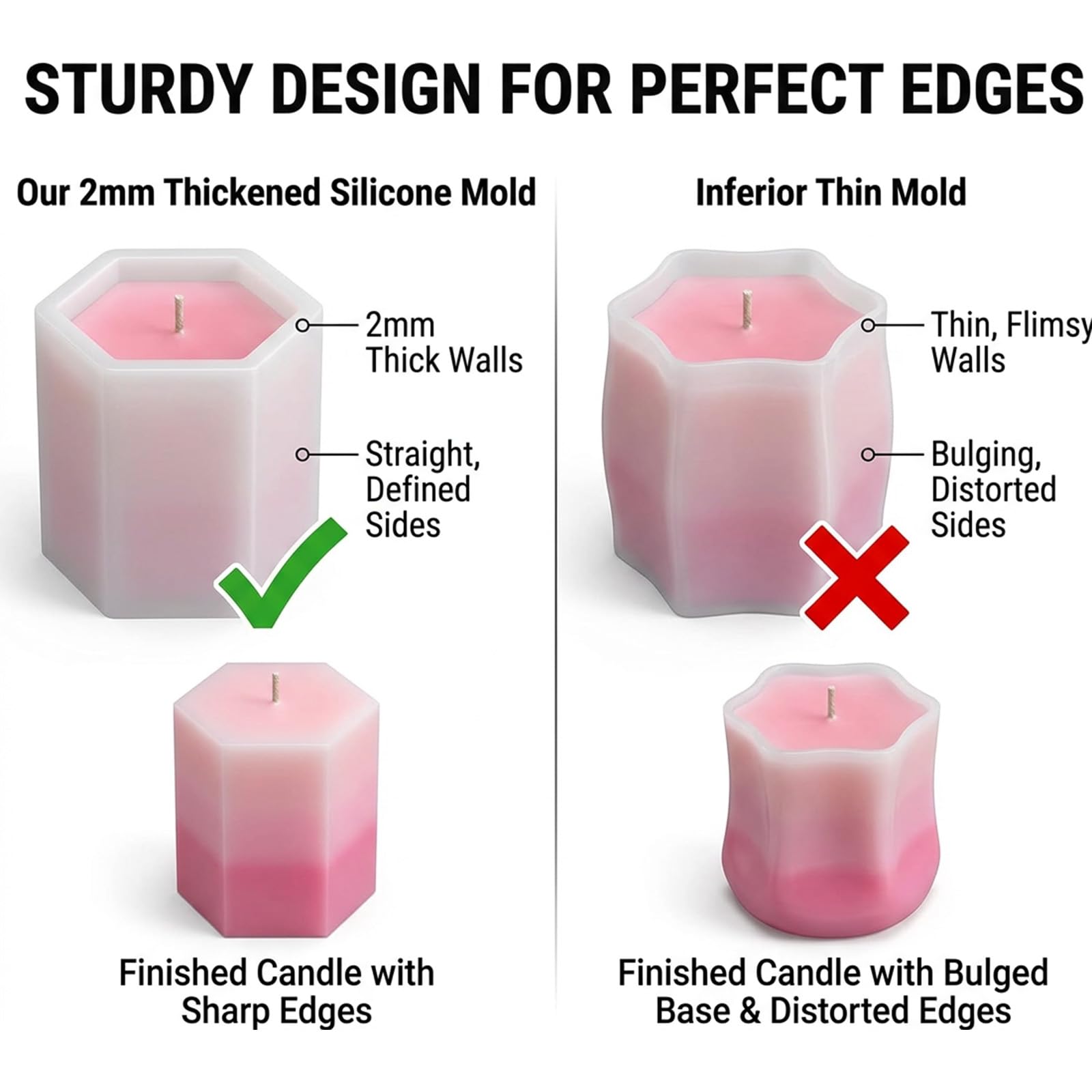 8 Piece Silicone Candle Molds, 2mm Thickened Reinforced Design, Tear-Resistant Molds for Pillar and Votive Shapes, Easy Release, Includes Cylinder, Hexagon, Heart, Moldes para Velas (8)