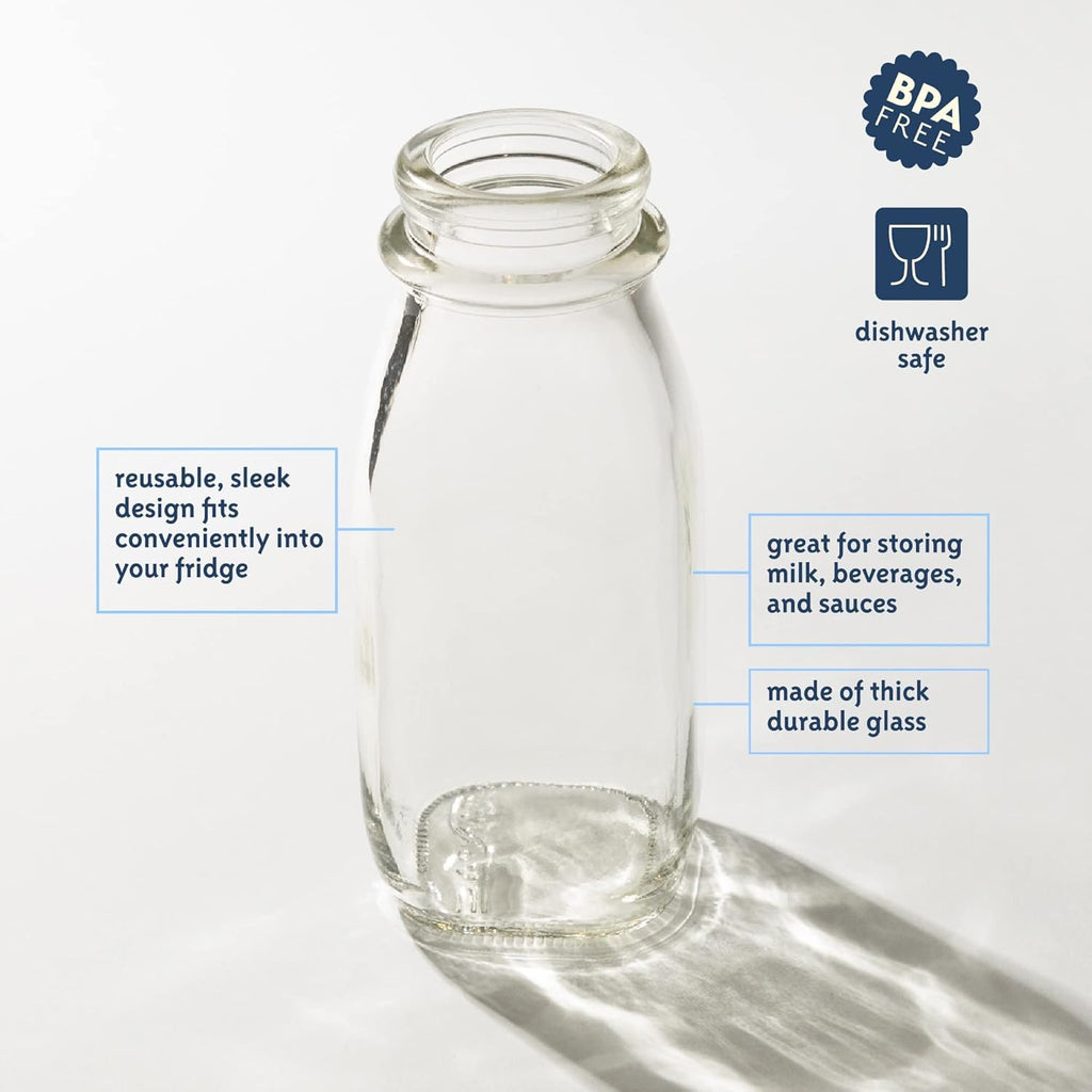 kitchentoolz Glass Creamer Bottle 12 Oz Square Glass Milk Bottle with Lids- Glass Bottles with Lids - Milk Container for Refrigerator - 12 Ounce Milk Bottle with Lid and Pour Spout
