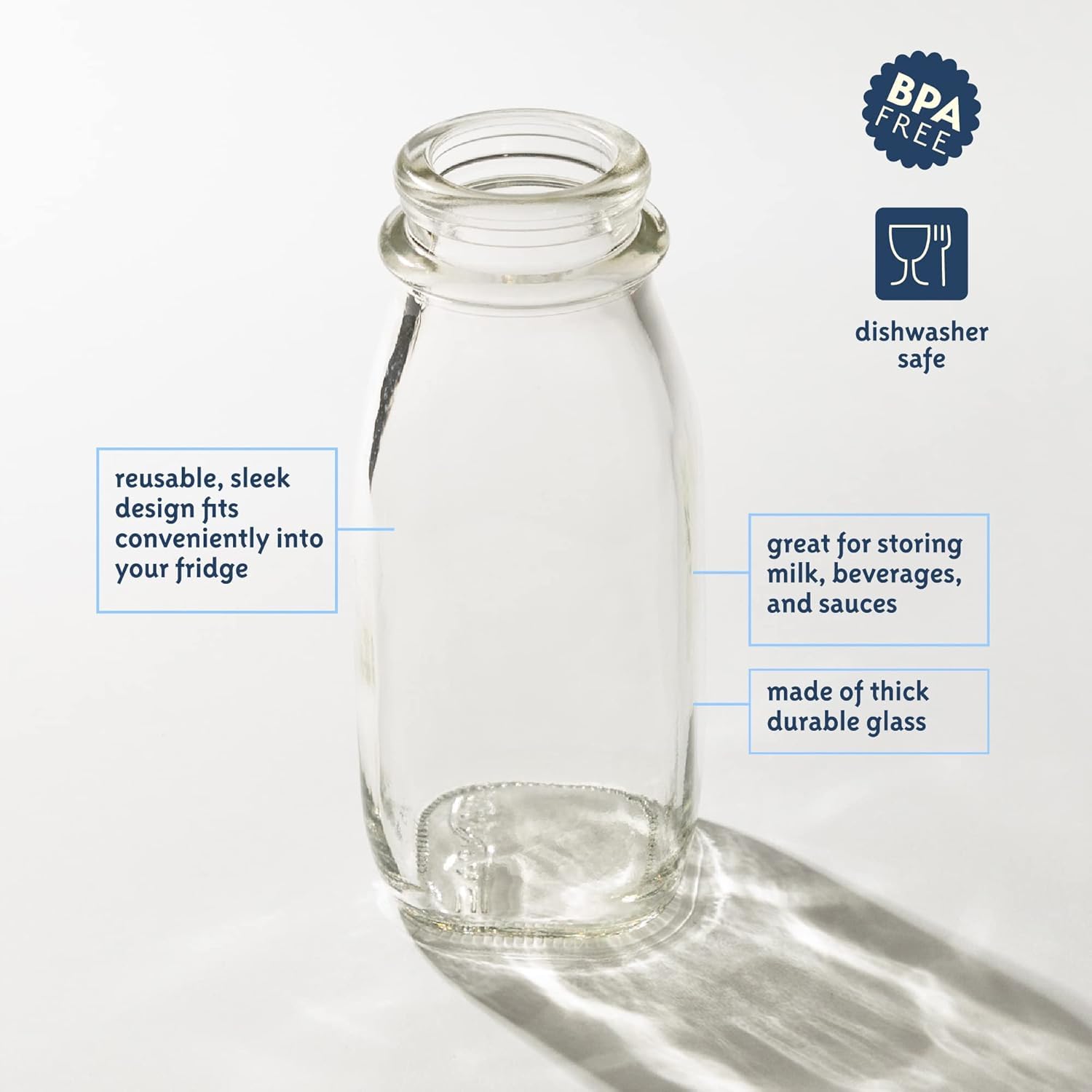 kitchentoolz Glass Creamer Bottle 12 Oz Square Glass Milk Bottle with Lids- Glass Bottles with Lids - Milk Container for Refrigerator - 12 Ounce Milk Bottle with Lid and Pour Spout