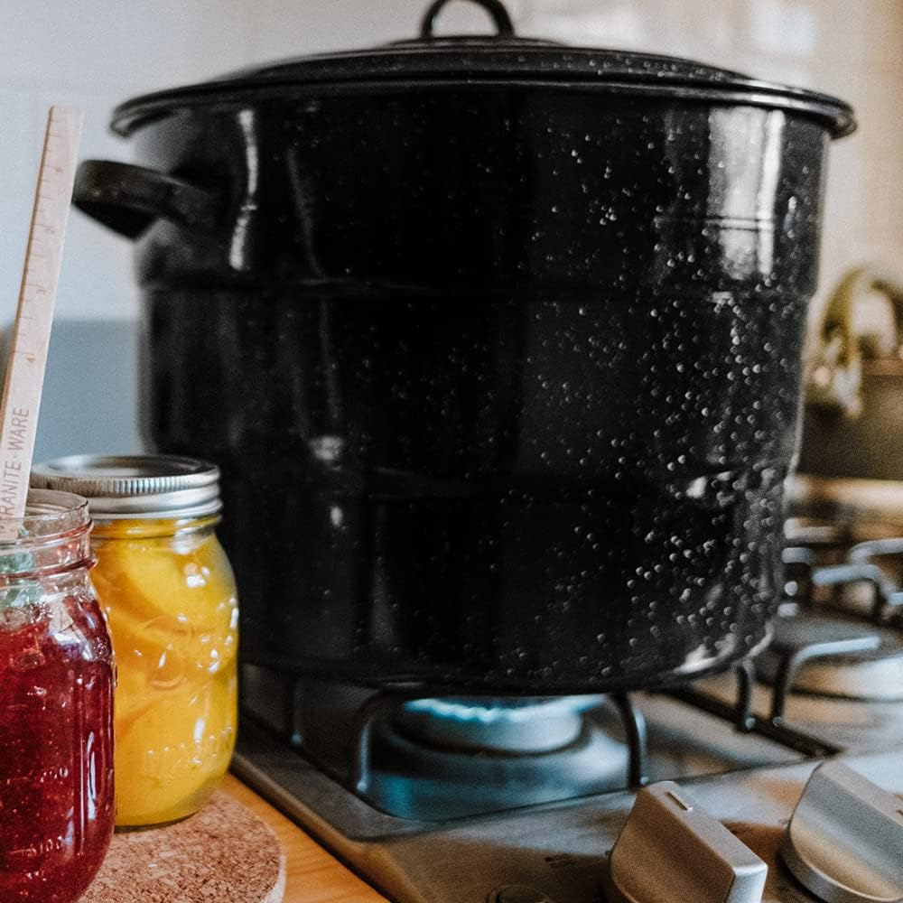 Granite Ware Canning Pot with Rack & Lid - 21 Quart Large Boiling Water Canning Set for Jar Sterilization & Pickling on Stove/Open Flame – Scratch-Resistant Porcelain Enamel & Steel Core (Black)