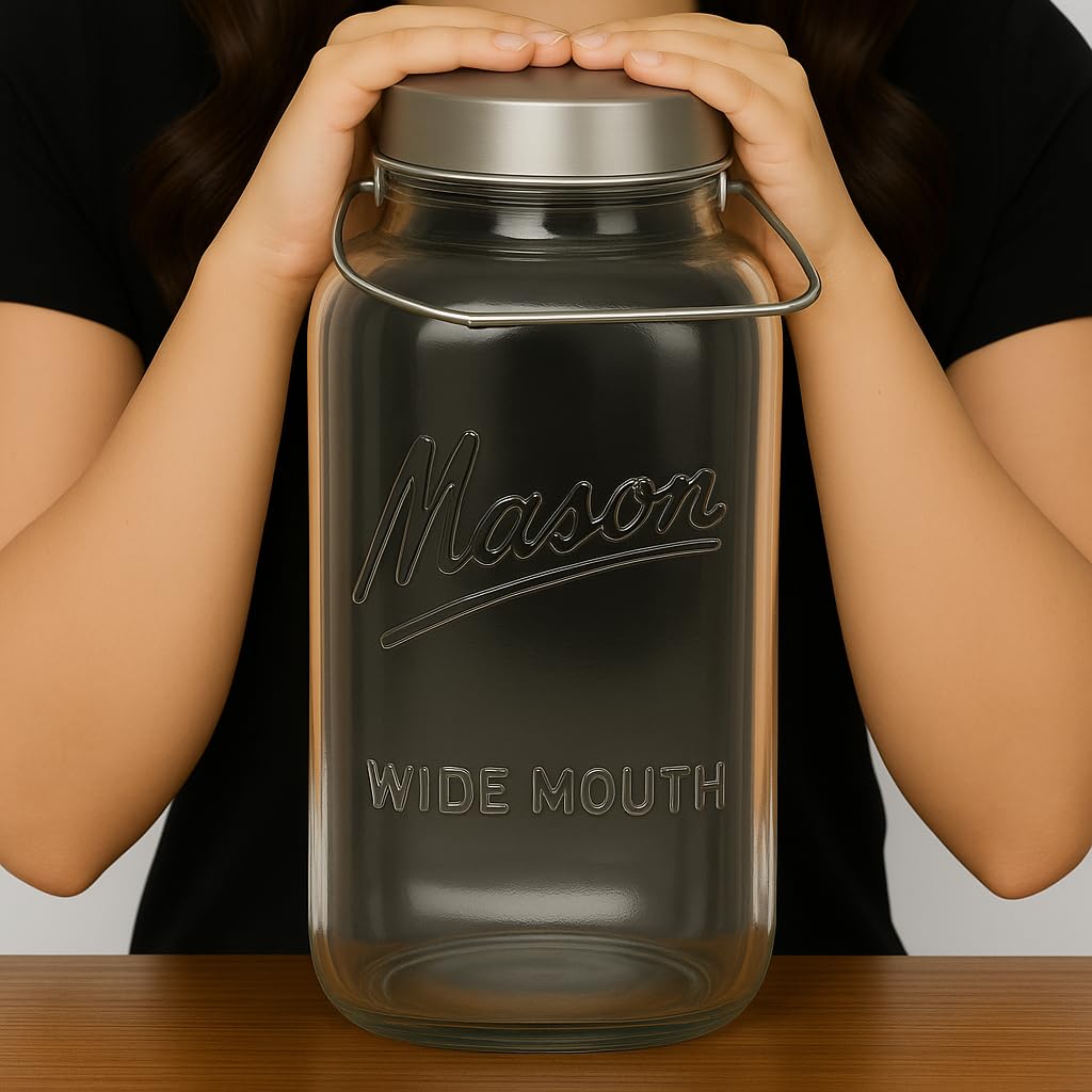 kitchentoolz Large 2 Gallon Glass Mason Jar with Big Airtight Metal Lid and Carry Handle – Wide Mouth Square Container with Measurements for Dry Goods, Bulk Storage, and Food Prep