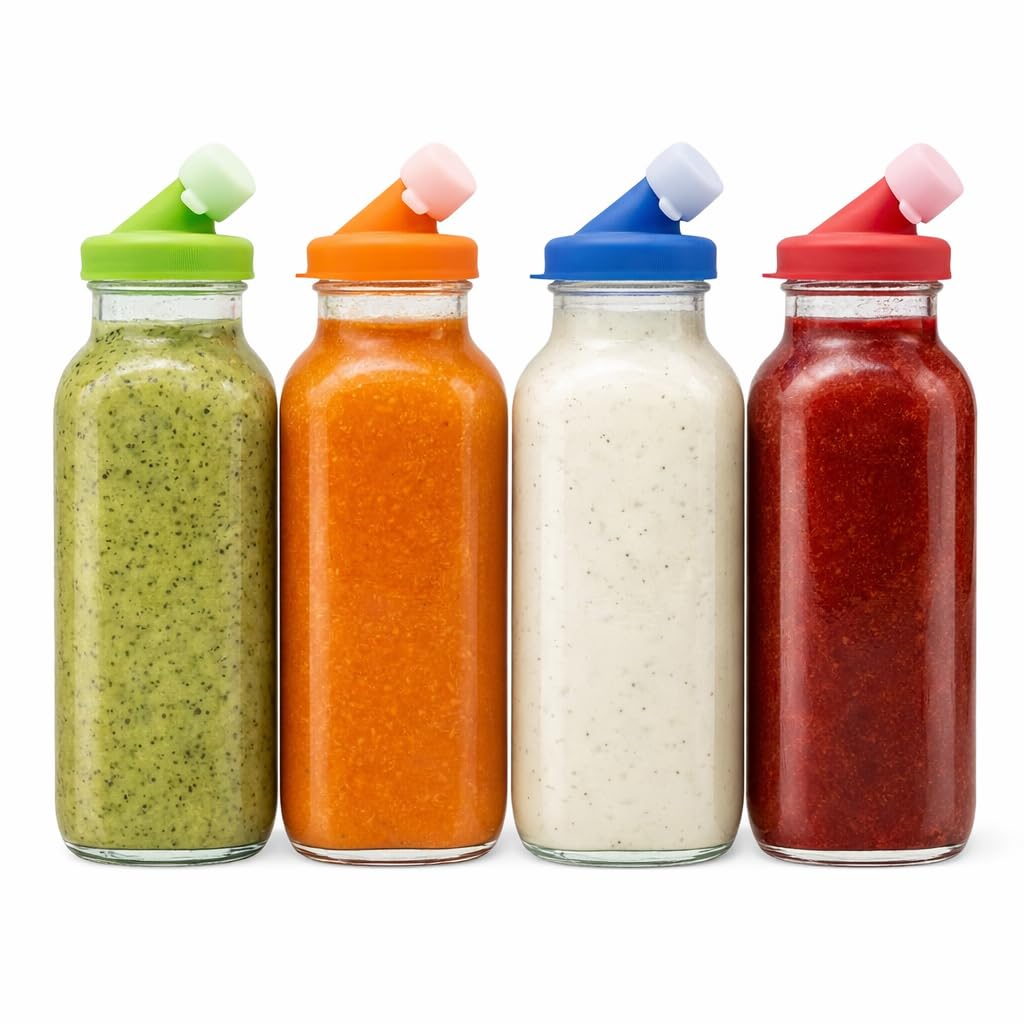 kitchentoolz Salad Dressing Container Glass Bottles – 16oz Glass Salad Dressing Shaker Bottle 4-Pack with Non-Metal Silicone Lids for Dressings, Marinades, Sauce