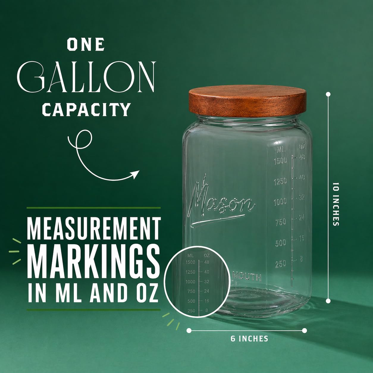 1 Gallon Glass Jars with Wooden Lids - Extra Large Mason Jars Wide Mouth with Airtight Wood Lids - Square Glass Storage Containers with Measurement Markings for Flour, Sugar & Pickling, 2 Pack