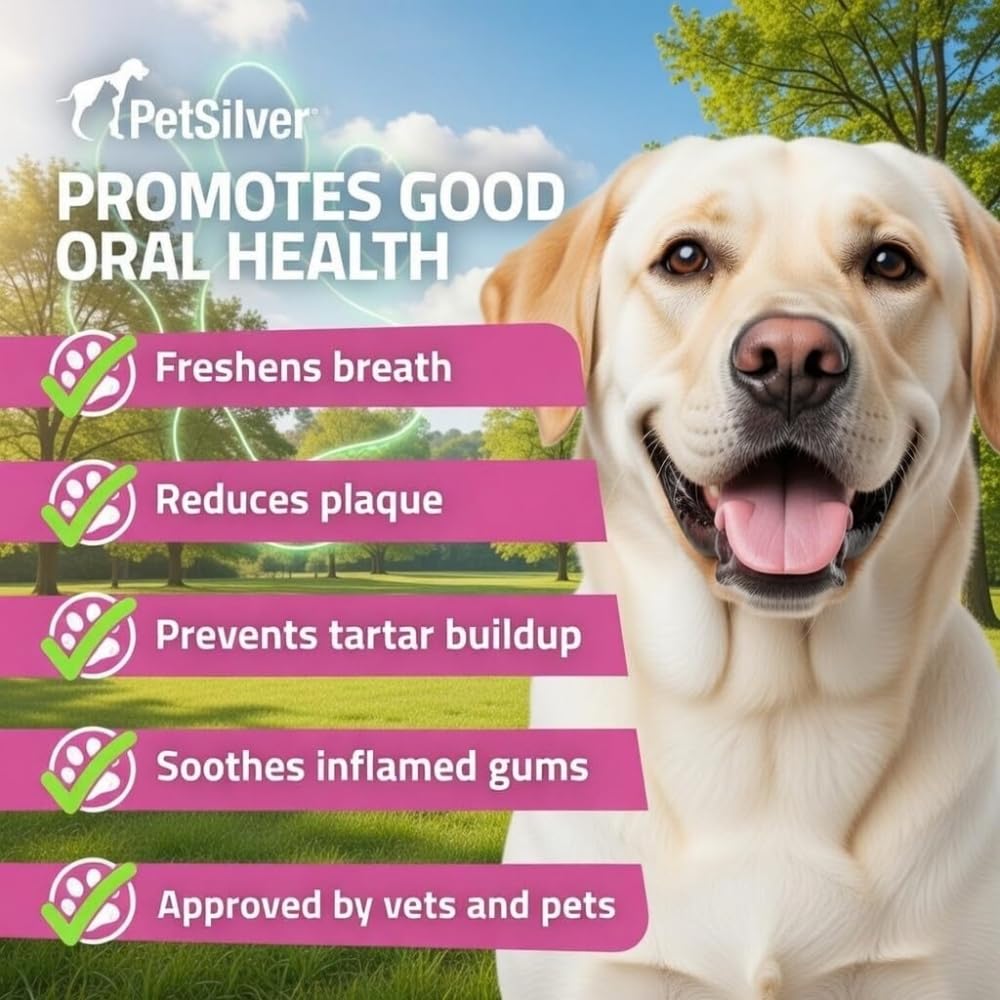 PetSilver Teeth & Gum Spray - Dog Dental & Teeth Cleaning Spray for Plaque & Tartar Build-Up Reduction - Natural Breath Freshener for Dogs and Cats - Patented Chelated Silver - Made in The USA - 4 oz