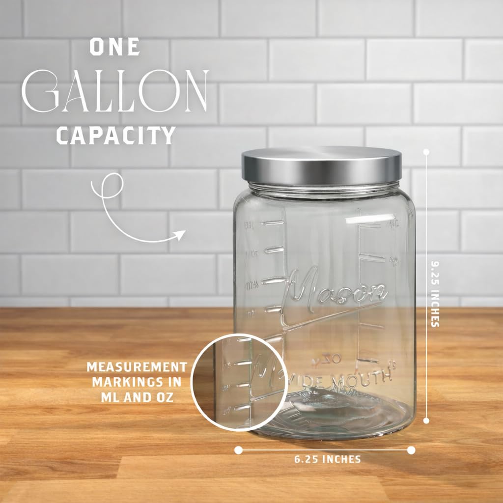 Kitchentoolz Extra Large Mason Jar - 1 Gallon Glass Wide Mouth Jar with Airtight Metal Screw on Lid, Food Storage Container with Measurement Marks For Kitchen Pantry, Pickling, Flour & Sugar Pack of 1