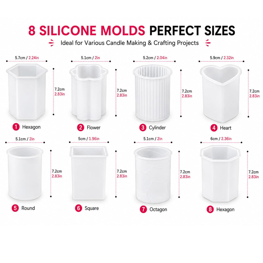 8 Piece Silicone Candle Molds, 2mm Thickened Reinforced Design, Tear-Resistant Molds for Pillar and Votive Shapes, Easy Release, Includes Cylinder, Hexagon, Heart, Moldes para Velas (8)
