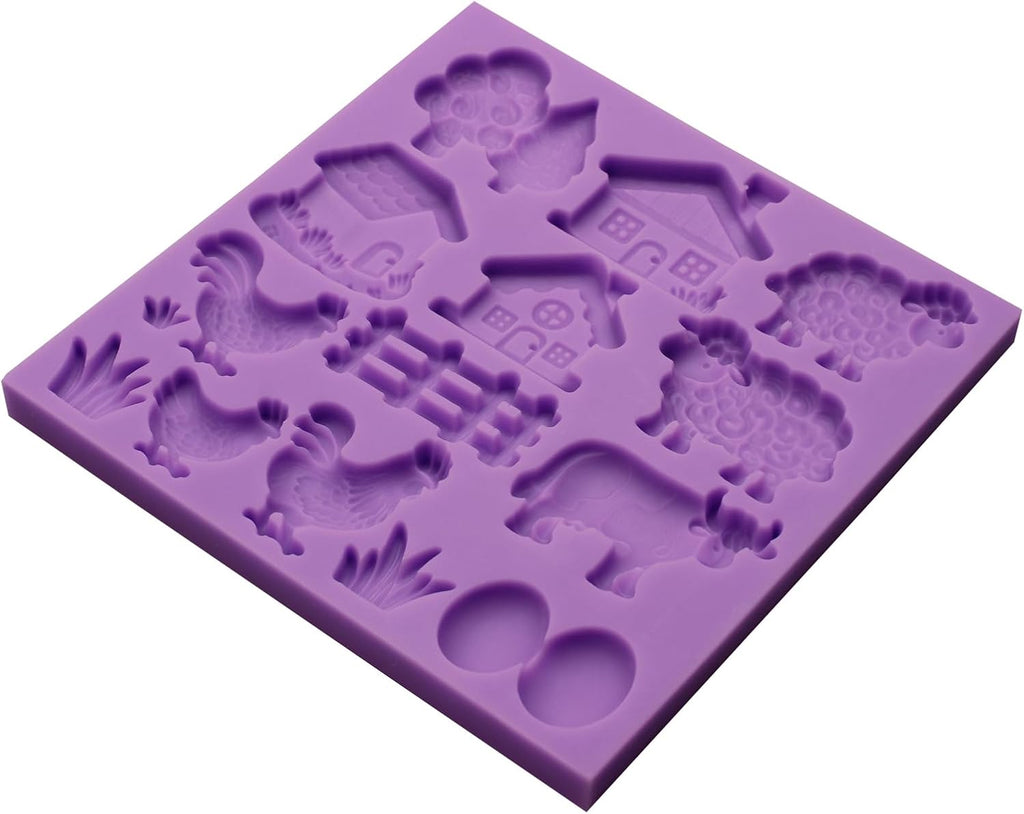 Farm Animal Silicone Mold, Lovely Cow Sheep Chicken Fondant Mold for House Design Cake Decorating Tool Biscuit Cookies Sugar Chocolate Hard Dessert Decor, 14 Cavity Baking Mold