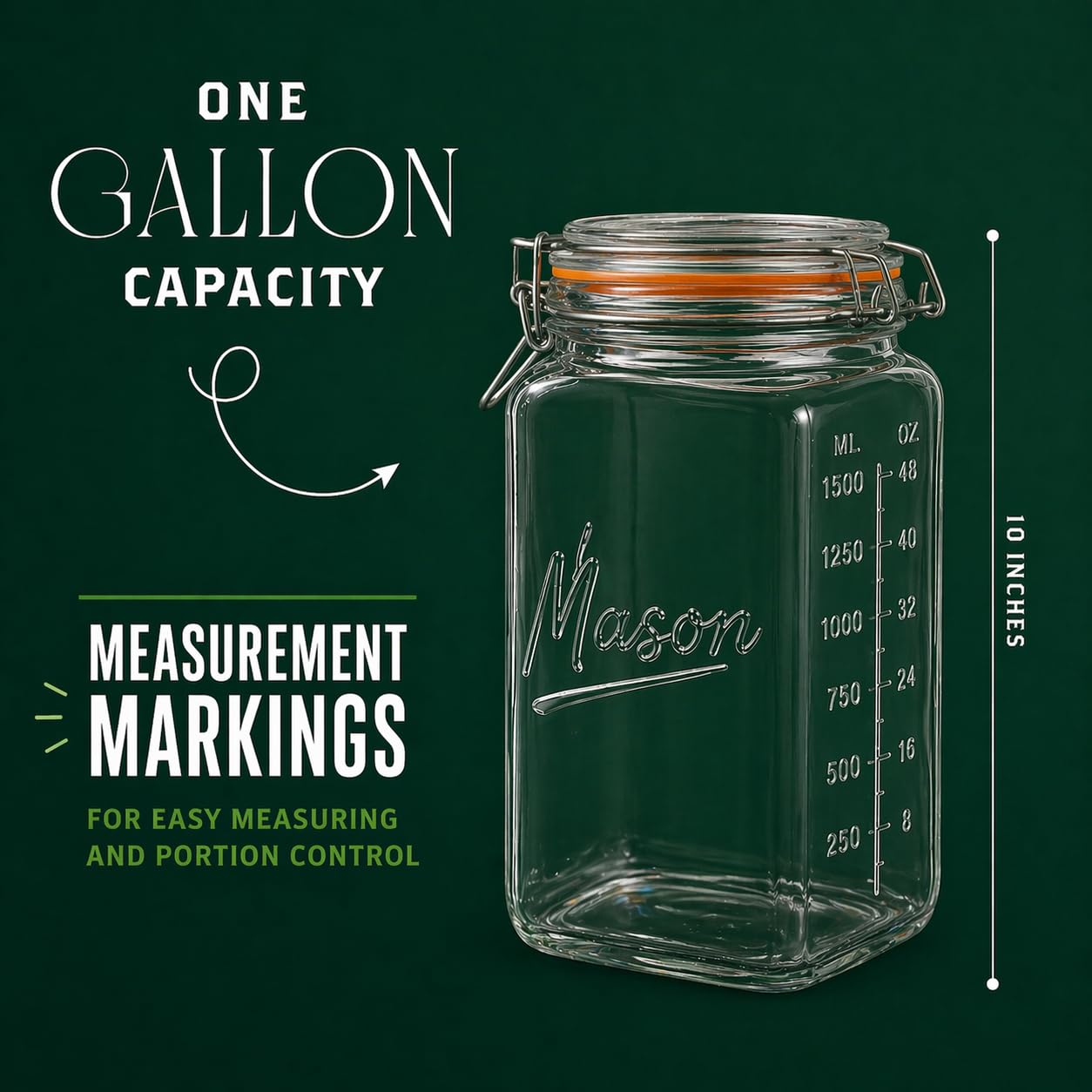 1 Gallon Glass Jars with Swing Top Lids - Extra Large Mason Jars Wide Mouth with Airtight Glass Clamp Lids - Square Glass Storage Containers with Measurements for Flour, Sugar & Pickling, 2 Pack