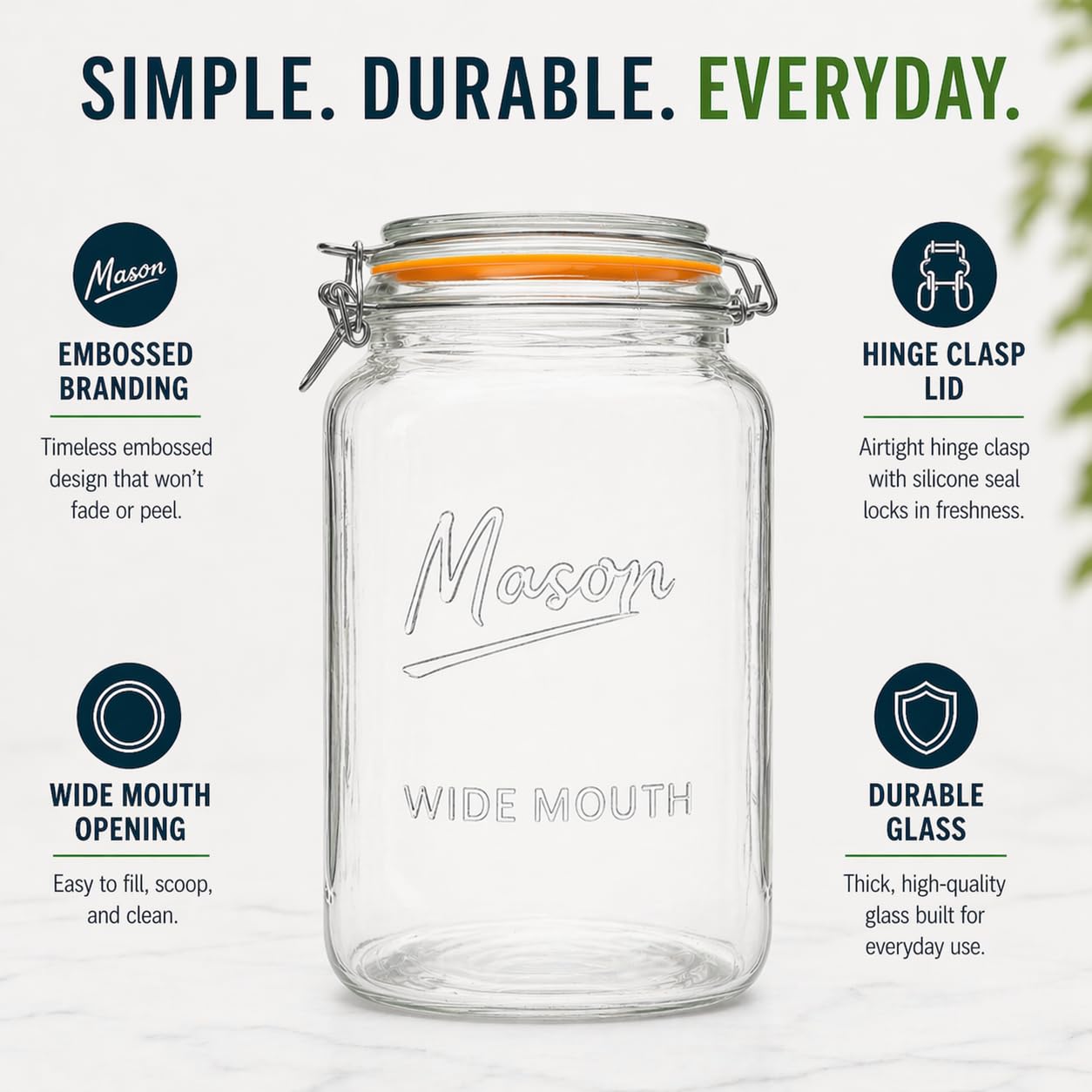 1 Gallon Glass Jars with Swing Top Lids - Extra Large Mason Jars Wide Mouth with Airtight Glass Clamp Lids - Square Glass Storage Containers with Measurements for Flour, Sugar & Pickling, 2 Pack