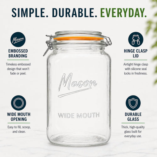 1 Gallon Glass Jars with Swing Top Lids - Extra Large Mason Jars Wide Mouth with Airtight Glass Clamp Lids - Square Glass Storage Containers with Measurements for Flour, Sugar & Pickling, 2 Pack