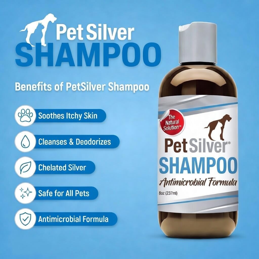 PetSilver Chelated Silver Pet Shampoo - Allergy & Itch Relief, Hot Spots, Cuts & Wounds, Gentle & Safe Formula for Dogs & Cats with Sensitive Skin - Soft & Shiny Coat - Vanilla Citrus Scent - 8oz