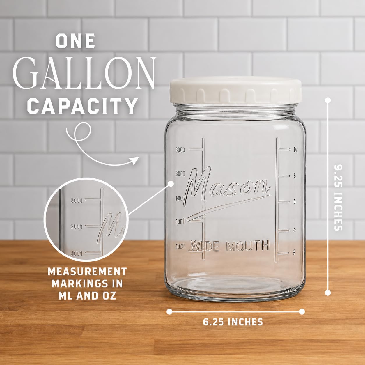 Kitchentoolz Extra Large Mason Jar - 1 Gallon Glass Wide Mouth Jar with Airtight Metal Screw on Lid, Food Storage Container with Measurement Marks For Kitchen Pantry, Pickling, Flour & Sugar Pack of 1