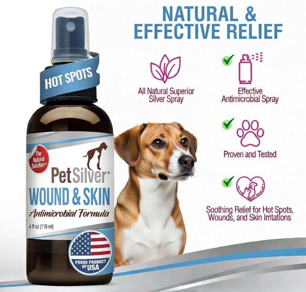 PetSilver Antibacterial Wound & Skin Spray | Dog Hot Spot Treatment & Cat Wound Spray | Chelated Silver Skin Soother for Rashes & Sores | Dog Wound Care & Itch Spray - 4 fl oz