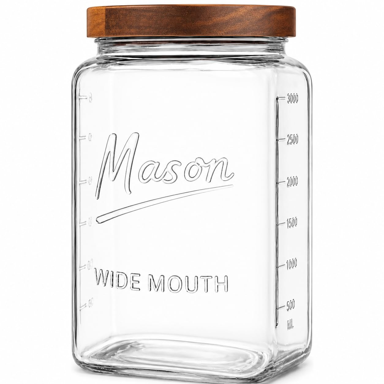 1 Gallon Glass Jars with Wooden Lids - Extra Large Mason Jars Wide Mouth with Airtight Wood Lids - Square Glass Storage Containers with Measurement Markings for Flour, Sugar & Pickling, 2 Pack