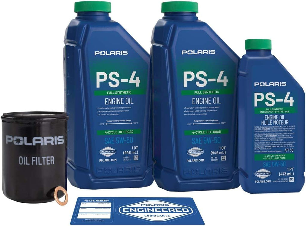 Polaris PS4 Oil Change Kit for Specific RANGER, GENERAL, RZR, ACE 900 XC Models With 4 Stroke Engine, Includes 2.5 Quarts PS-4 5W-50 Full Synthetic Oil, 1 Oil Filter, Genuine OEM - Part 2879323