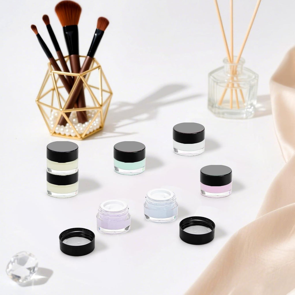 Coloch 90 Pack 5ml Glass Sample Containers with Black Lid, Mini Glass Cosmetics Jars with Inner Liner Bulk Refillable Tiny Glass Jars for Cosmetics, Lotion, Cream, Samples, Wax, Skincare, Travelling