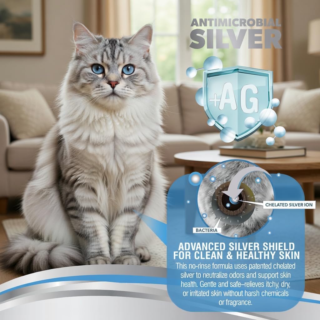 PetSilver Waterless Cat Shampoo - No Rinse Bath & Dry Shampoo for Cats - Long-Haired & Sensitive Skin - Cleans, Conditions & Moisturizes - Hypoallergenic & Fragrance-Free - Patented Formula - 5 fl oz
