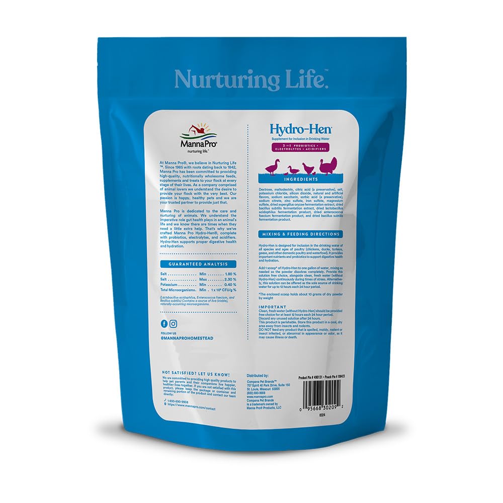 Manna Pro Hydro-Hen Poultry Electrolyte & Probiotic Supplement, Hydration Support for Chickens, Ducks, Turkeys & Waterfowl, 20 oz