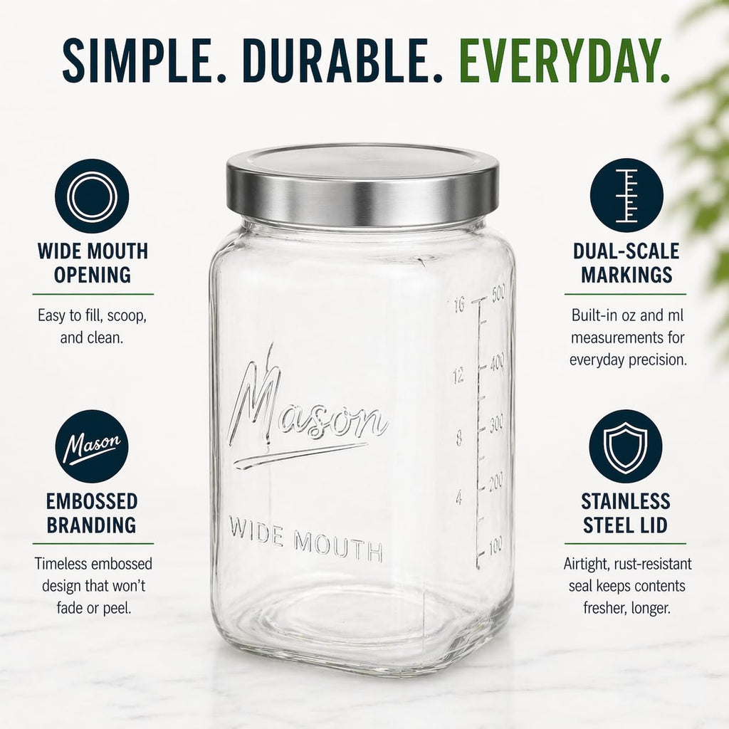 1 Gallon Glass Jars with Lids - Extra Large Mason Jars Wide Mouth with Airtight Metal Screw On Lids - Square Glass Storage Containers with Measurements for Flour, Sugar, Cookies & Pickling, 2 Pack