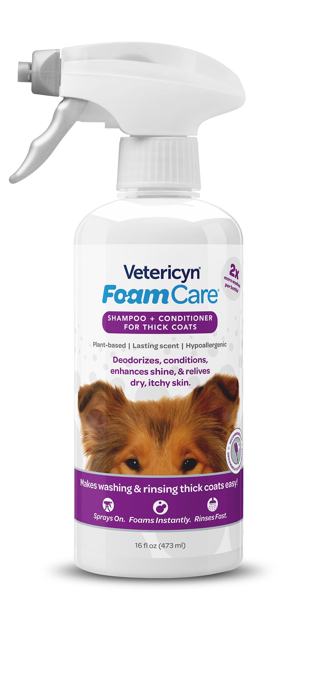 Vetericyn FoamCare Dog Shampoo and Conditioner - Instant Foaming, Spray-On Hypoallergenic Shampoo, Plant-Based Formula for Dogs and Cats. 16 Ounce