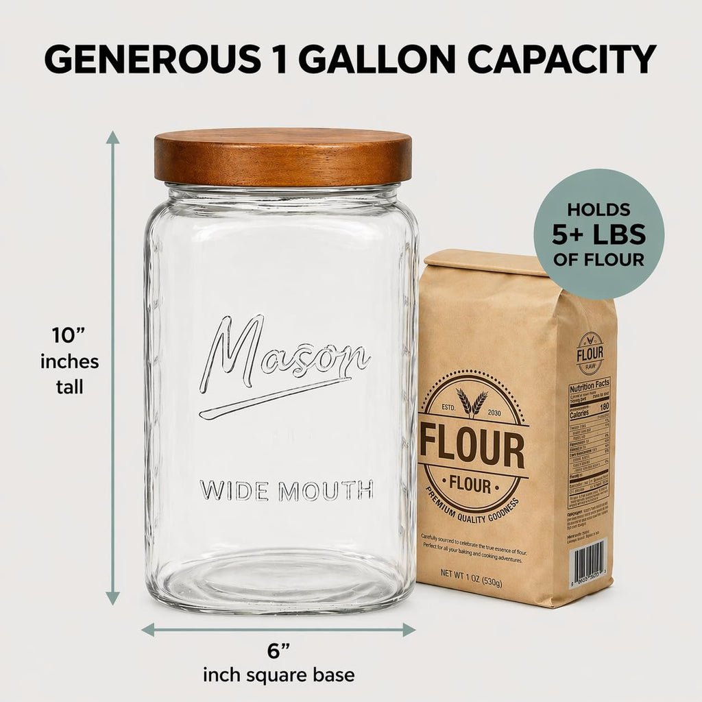1 Gallon Glass Jars with Wooden Lids - Extra Large Mason Jars Wide Mouth with Airtight Wood Lids - Square Glass Storage Containers with Measurement Markings for Flour, Sugar & Pickling, 2 Pack