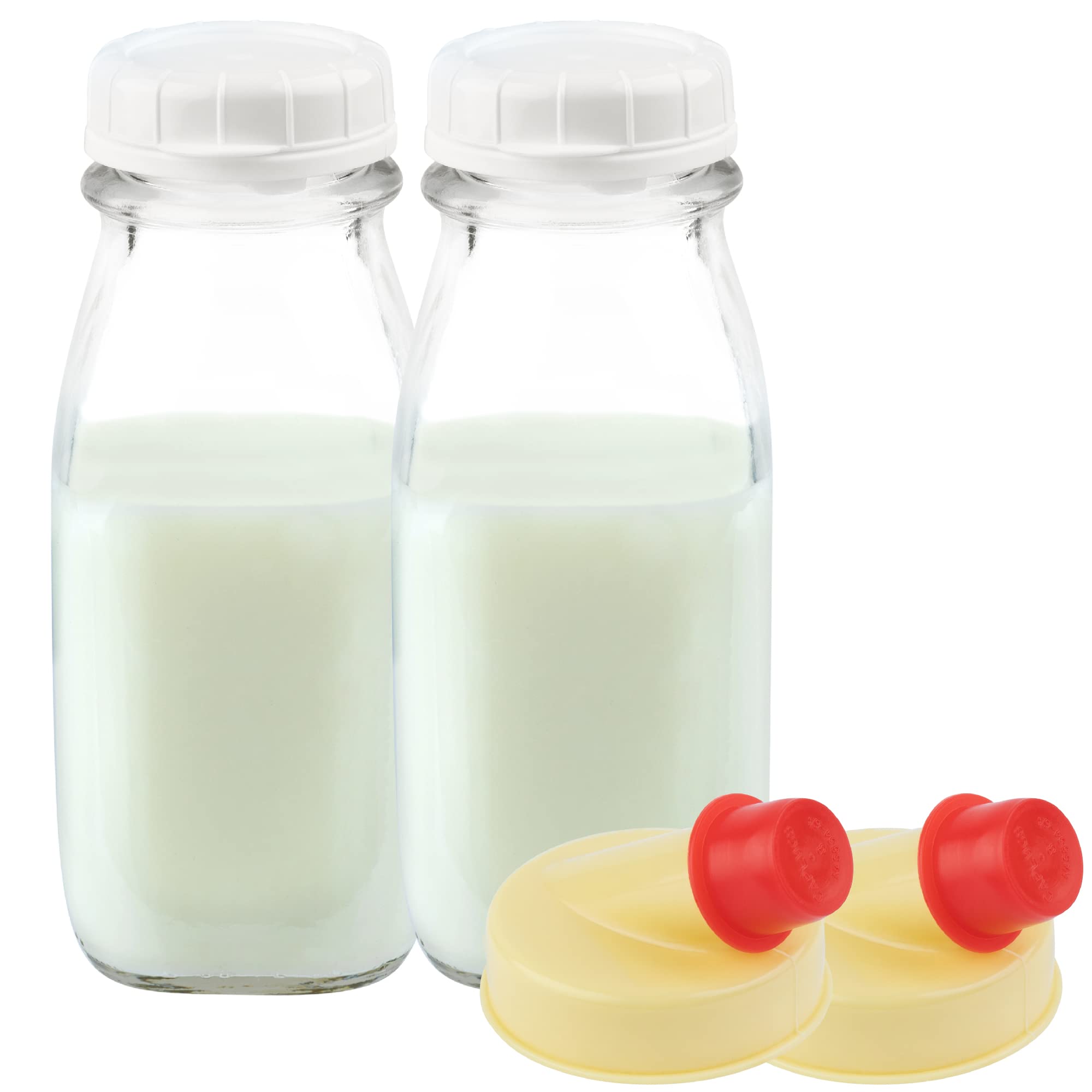 kitchentoolz Glass Creamer Bottle 12 Oz Square Glass Milk Bottle with Lids- Glass Bottles with Lids - Milk Container for Refrigerator - 12 Ounce Milk Bottle with Lid and Pour Spout