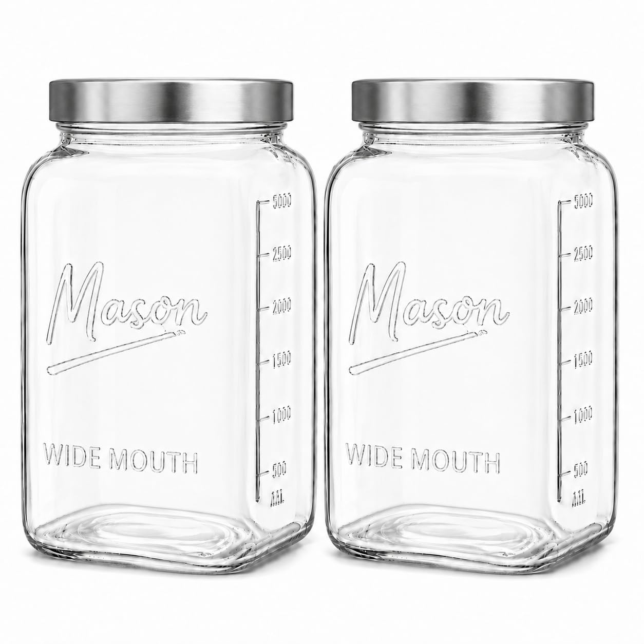 1 Gallon Glass Jars with Lids - Extra Large Mason Jars Wide Mouth with Airtight Metal Screw On Lids - Square Glass Storage Containers with Measurements for Flour, Sugar, Cookies & Pickling, 2 Pack