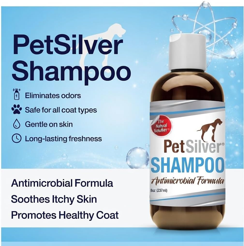 PetSilver Chelated Silver Pet Shampoo - Allergy & Itch Relief, Hot Spots, Cuts & Wounds, Gentle & Safe Formula for Dogs & Cats with Sensitive Skin - Soft & Shiny Coat - Vanilla Citrus Scent - 8oz